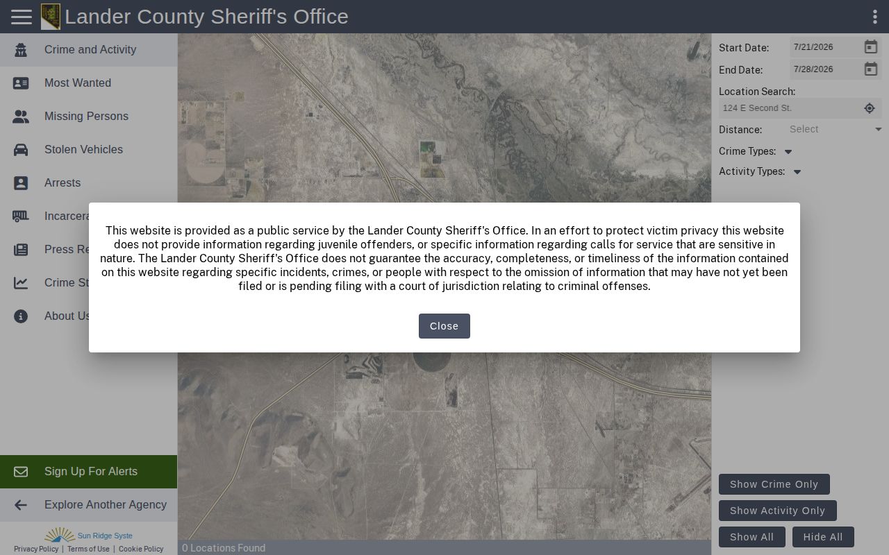 Lander County CitizenRIMS historical inmate search portal