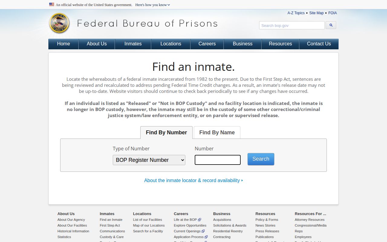 Federal Bureau of Prisons inmate locator for a federal release connected to Lander County