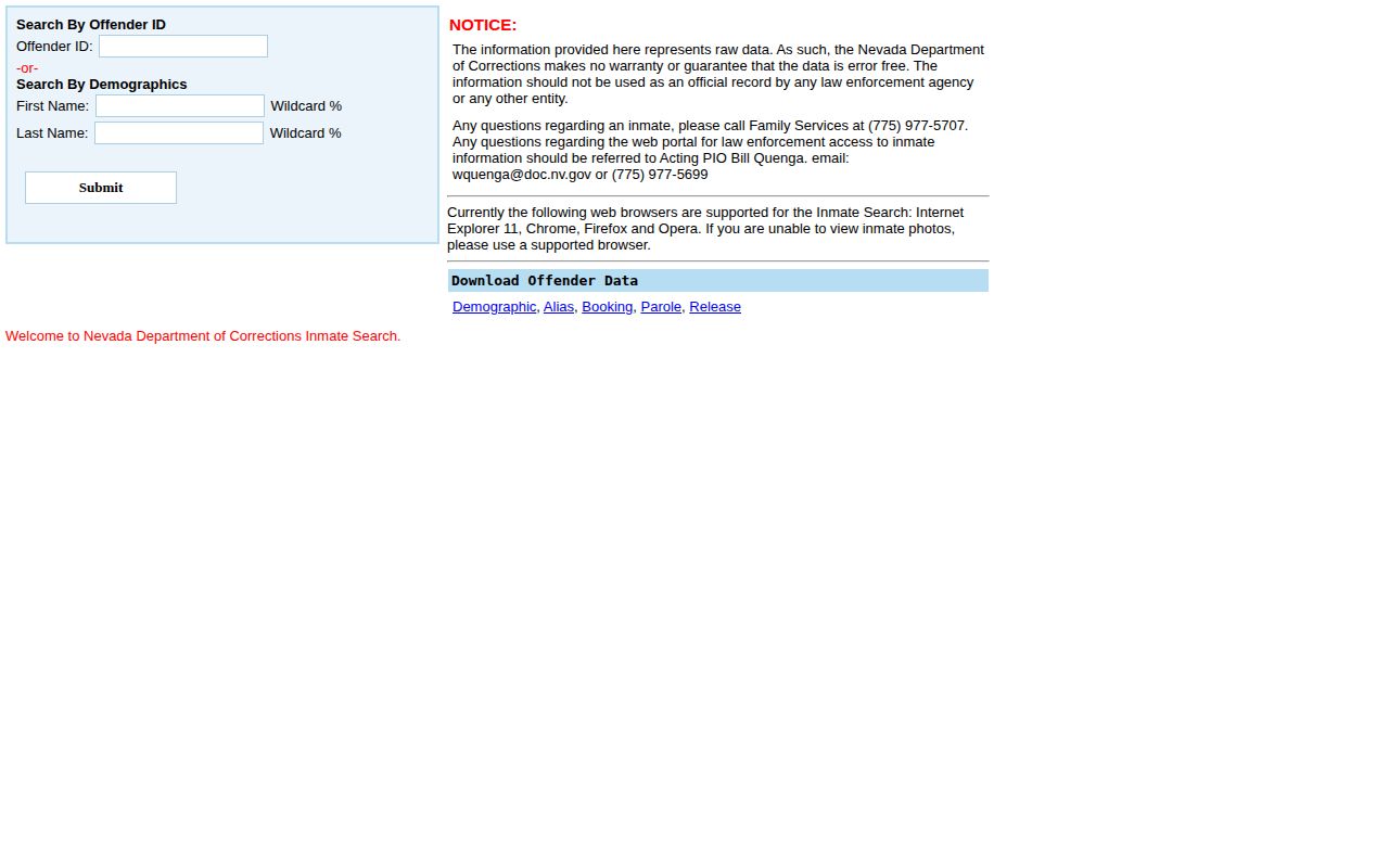 Nevada Department of Corrections offender search form for a Lander County state-prison transfer